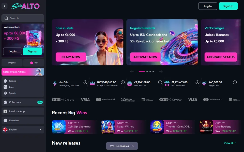 SpinAlto Recensie 2026 homepage screenshot 2026
