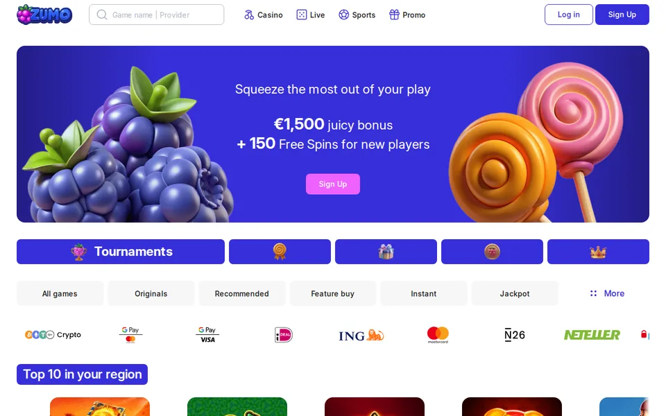 Zumo.bet Recensie 2026 homepage screenshot 2026
